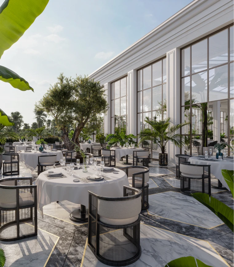 Magnifica luxury outdoor dining terrace with elegant seating and tropical landscaping