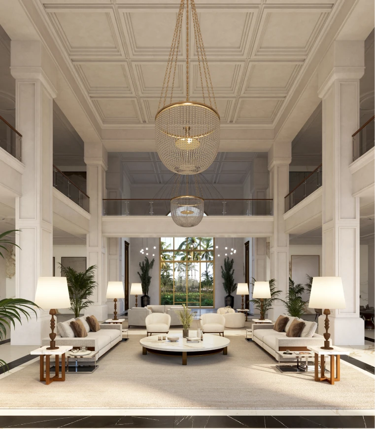 Magnifica luxury residence living room featuring high ceilings, modern chandeliers, and refined furnishings