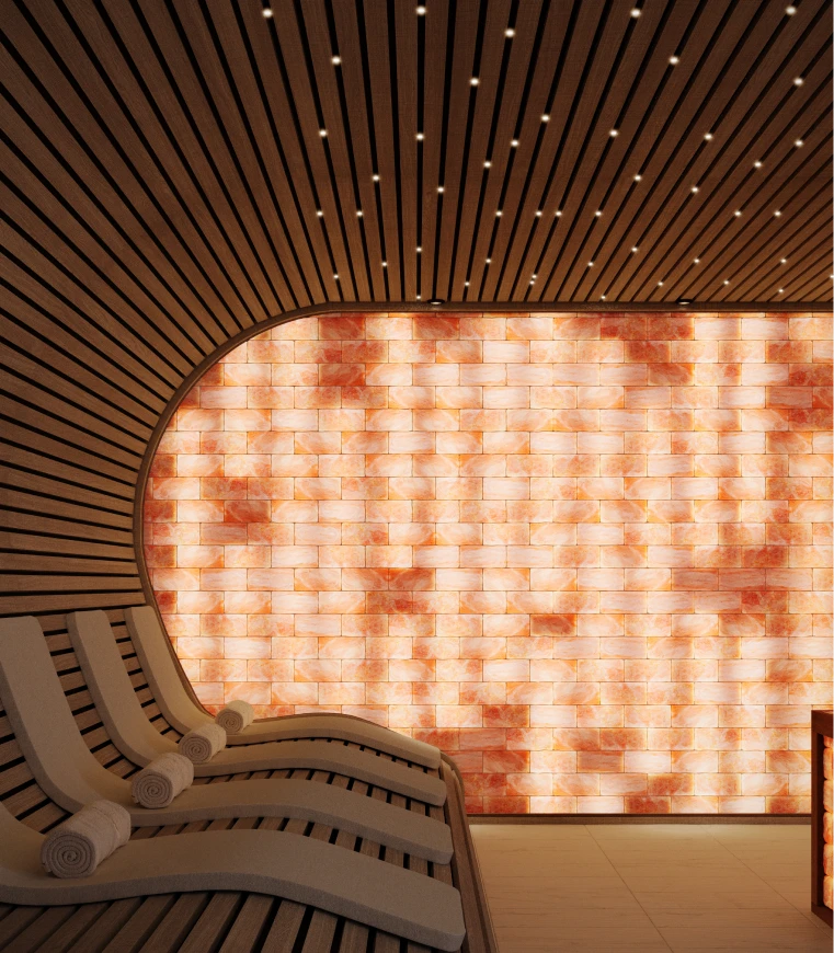 Magnifica luxury spa himalayan salt room with custom lighting design and curved architectural details.