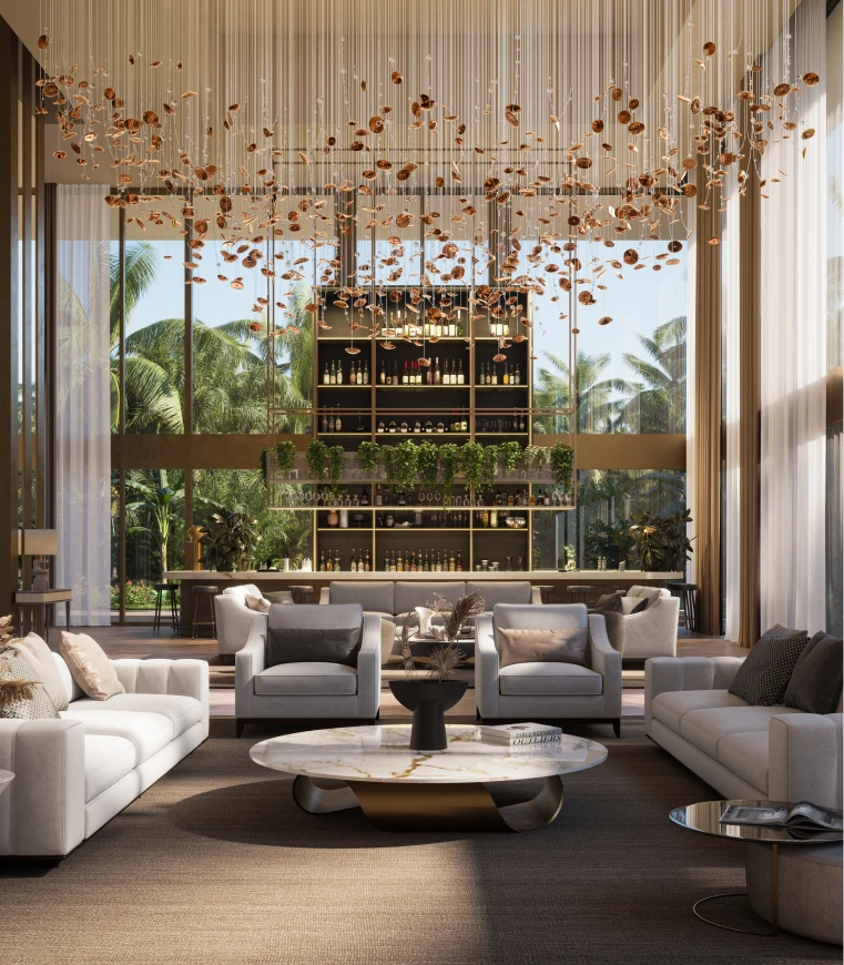 Magnifica luxury resort interior with sculptural lighting and floor-to-ceiling windows overlooking lush tropical gardens